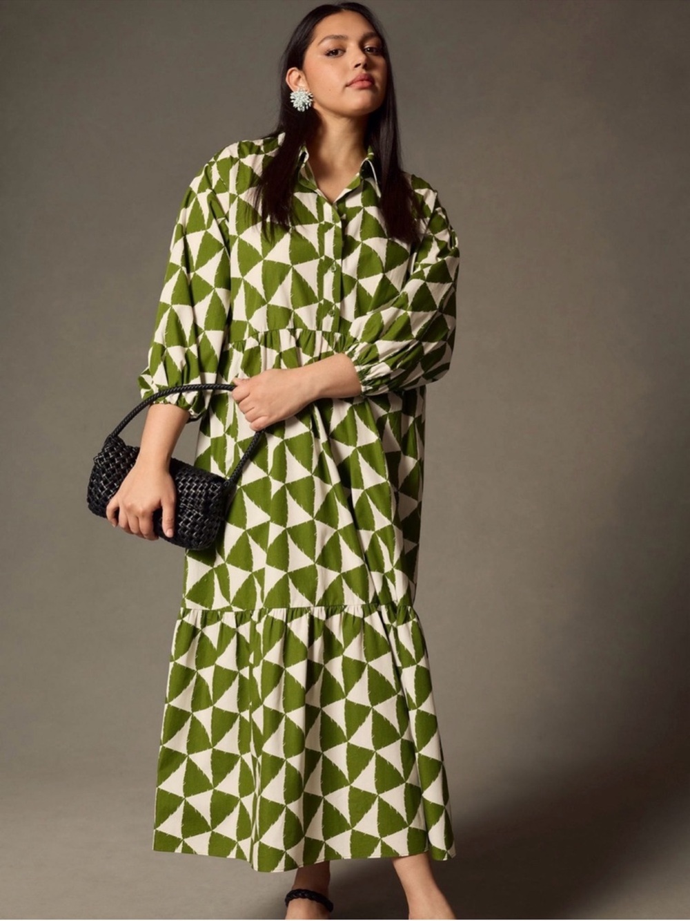 Maeve Anthropologie Bettina Tiered Geometric Maxi Shirtdress Green Plus Size 1X